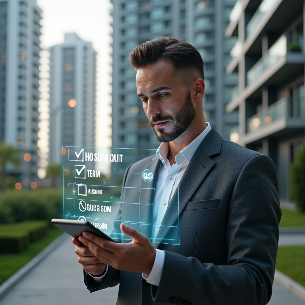 (Ultra-realistic condominium manager in a dark gray tailored suit, set in a modern luxury condominium environment with high-rise buildings and manicured green landscaping, holding a digital tablet displaying a holographic weekly, monthly and annual checklist, confidently analyzing the schedule with a focused expression, holographic checklist icons floating around, cinematic lighting, shallow depth of field, highly detailed textures, realistic skin, photographic realism, 8k resolution --ar 1:1 --v 6)