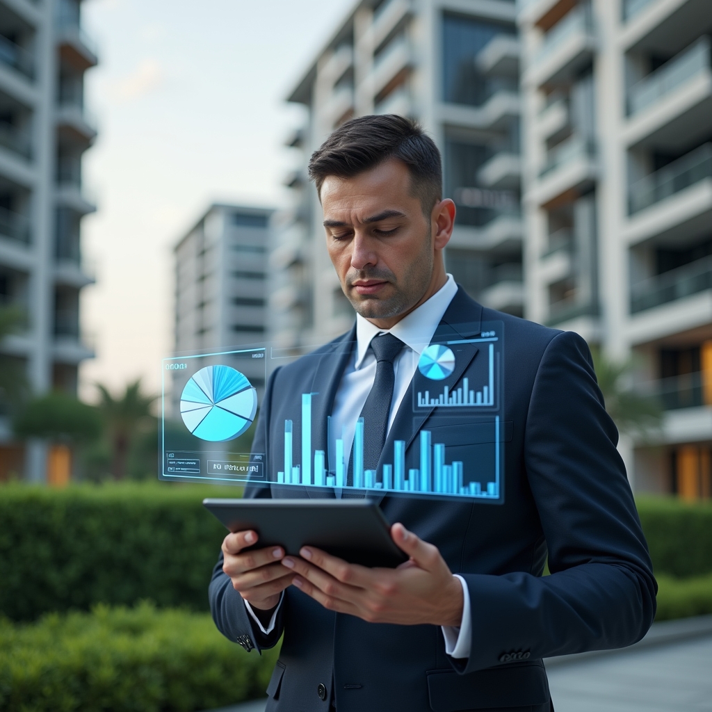 Ultra-realistic condominium manager in a navy suit, set in a modern luxury condominium environment with high-rise buildings and manicured green landscaping, holding a digital tablet and reviewing transparent holographic financial charts, confident and focused expression, floating pie and bar graphs symbolizing clear accounting, cinematic lighting, shallow depth of field, highly detailed textures, realistic skin, photographic realism, 8k resolution --ar 1:1 --v 6