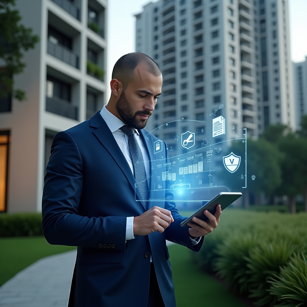 (Ultra-realistic condominium manager in a navy blue suit, set in a modern luxury condominium environment with high-rise buildings and manicured green landscaping, confidently interacting with a holographic timeline calendar projected from a sleek tablet, surrounded by floating icons of maintenance tools, assembly documents and security shields, cinematic lighting, shallow depth of field, highly detailed textures, realistic skin, photographic realism, 8k resolution --ar 1:1 --v 6)