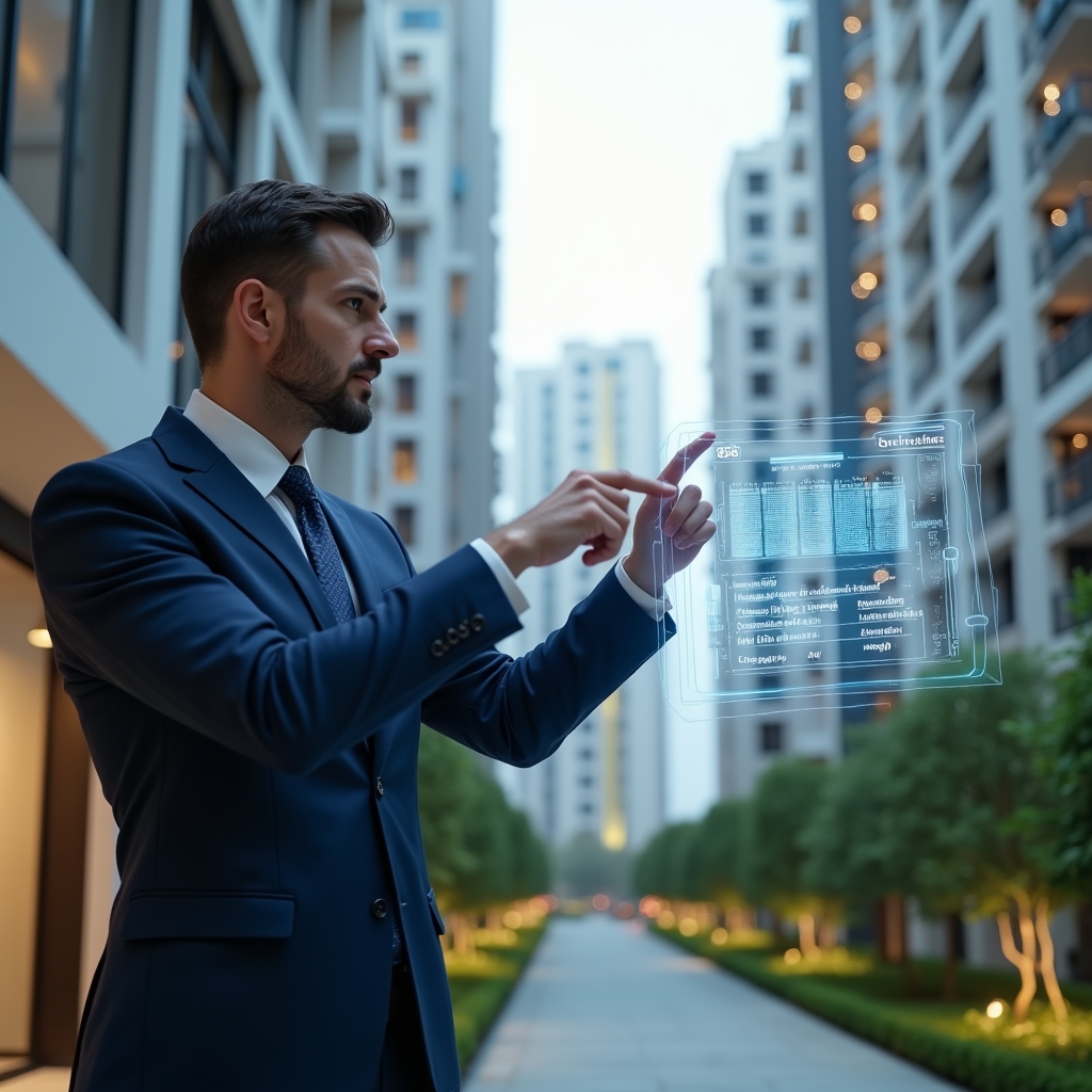 (Ultra-realistic property manager in a navy blue executive suit, set in a modern luxury condominium environment with high-rise buildings and manicured green landscaping, reviewing and pointing at a holographic calendar schedule floating before them, a semi-transparent digital task timeline overlayed in the scene, cinematic lighting, shallow depth of field, highly detailed textures, realistic skin, photographic realism, 8k resolution --ar 1:1 --v 6)