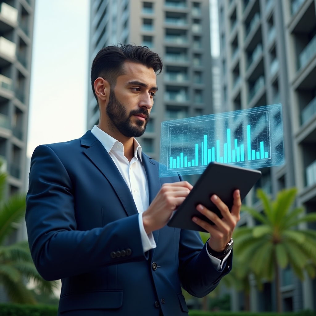 Ultra-realistic professional condo manager in a navy blue tailored suit, set in a modern luxury condominium environment with high-rise buildings and lush green landscaping, reviewing interactive holographic financial charts projected above a digital tablet, confident and engaged expression, cinematic lighting, shallow depth of field, highly detailed textures, realistic skin, photographic realism, 8k resolution --ar 1:1 --v 6