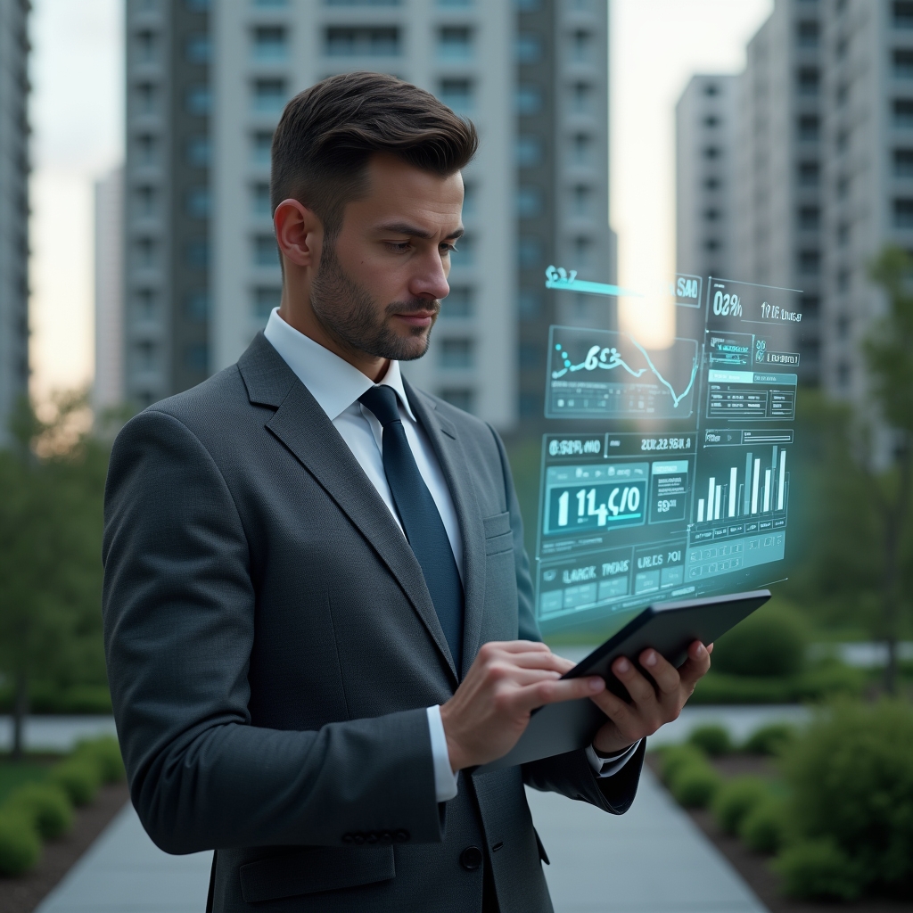 Ultra-realistic condominium manager in a charcoal grey suit, set in a modern luxury condominium environment with high-rise buildings and manicured green landscaping, reviewing holographic financial reports projected above a digital tablet, with transparent data charts and approval icons floating around, confident and focused expression, cinematic lighting, shallow depth of field, highly detailed textures, realistic skin, photographic realism, 8k resolution --ar 1:1 --v 6