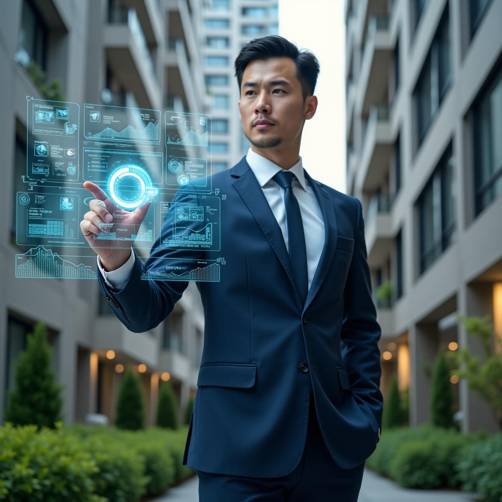 (Ultra-realistic condominium manager in a navy executive suit, set in a modern luxury condominium environment with high-rise buildings and manicured green landscaping, pointing at a holographic financial dashboard displaying transparent charts, graphs and receipts, floating icons of coins and spreadsheets symbolizing streamlined accounting, confident and focused expression, cinematic lighting, shallow depth of field, highly detailed textures, realistic skin, photographic realism, 8k resolution --ar 1:1 --v 6)