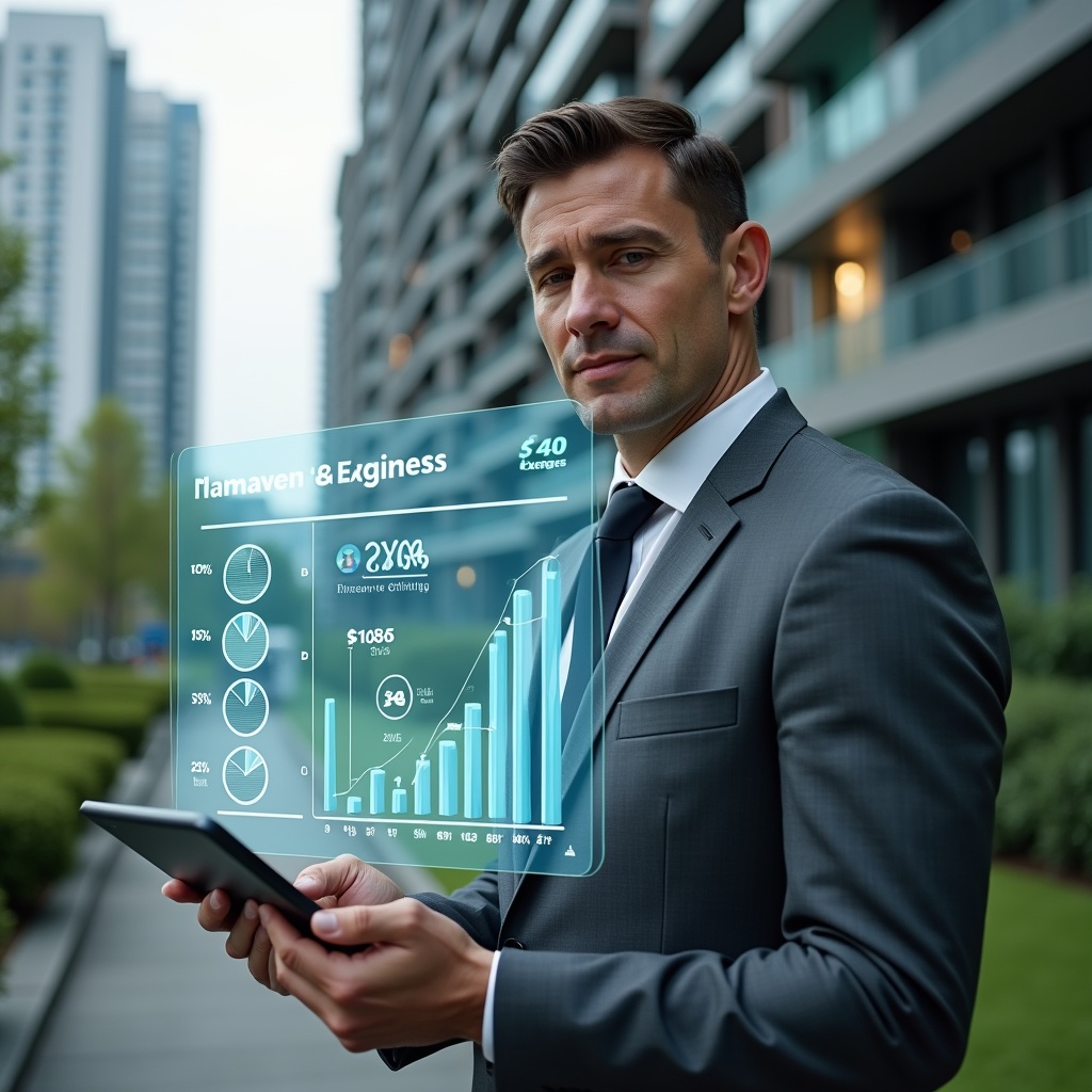 (Ultra-realistic condominium manager in a charcoal gray suit, set in a modern luxury condominium environment with high-rise buildings and lush green landscaping, holding a transparent holographic budget chart displaying categorized ordinary and extraordinary expenses, confidently analyzing financial graphs on a tablet, futuristic holographic icons of coins and pie charts floating around, cinematic lighting, shallow depth of field, highly detailed textures, realistic skin, photographic realism, 8k resolution --ar 1:1 --v 6)