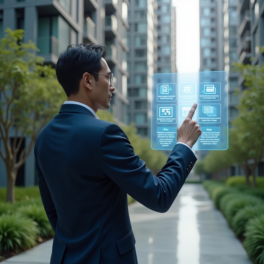 Ultra-realistic condominium manager in a navy executive suit, set in a modern luxury condominium environment with high-rise buildings and pristine green landscaping, standing in a medium shot confidently pointing at a floating holographic schedule displaying a five-step timeline, digital checklist icons glowing around, cinematic lighting, shallow depth of field, highly detailed textures, realistic skin, photographic realism, 8k resolution --ar 1:1 --v 6