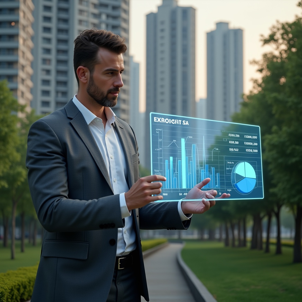 Ultra-realistic condominium manager in a charcoal gray executive suit, set in a modern luxury condominium environment with high-rise buildings and meticulously maintained green landscaping, reviewing a holographic financial chart of extraordinary expense projections, floating budget pie chart and icons of tools and invoices beside them, confident and focused expression, cinematic lighting, shallow depth of field, highly detailed textures, realistic skin, photographic realism, 8k resolution --ar 1:1 --v 6