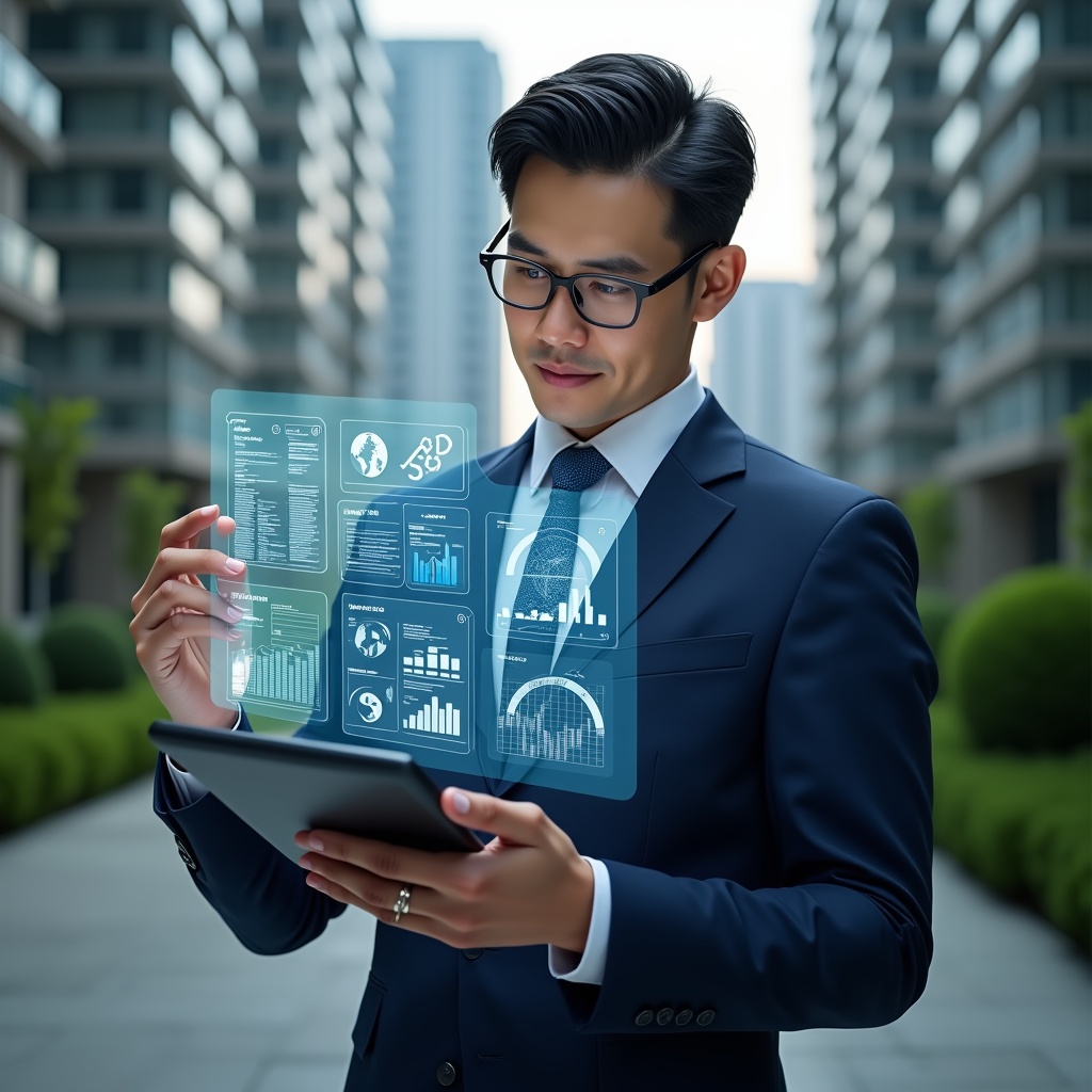 Ultra-realistic condo manager in a navy blue tailored suit, set in a modern luxury condominium environment with high-rise buildings and meticulously landscaped greenery, reviewing holographic financial reports projected above a digital tablet, calm and confident expression as they analyze transparent spreadsheets and charts, cinematic lighting, shallow depth of field, highly detailed textures, realistic skin, photographic realism, 8k resolution --ar 1:1 --v 6