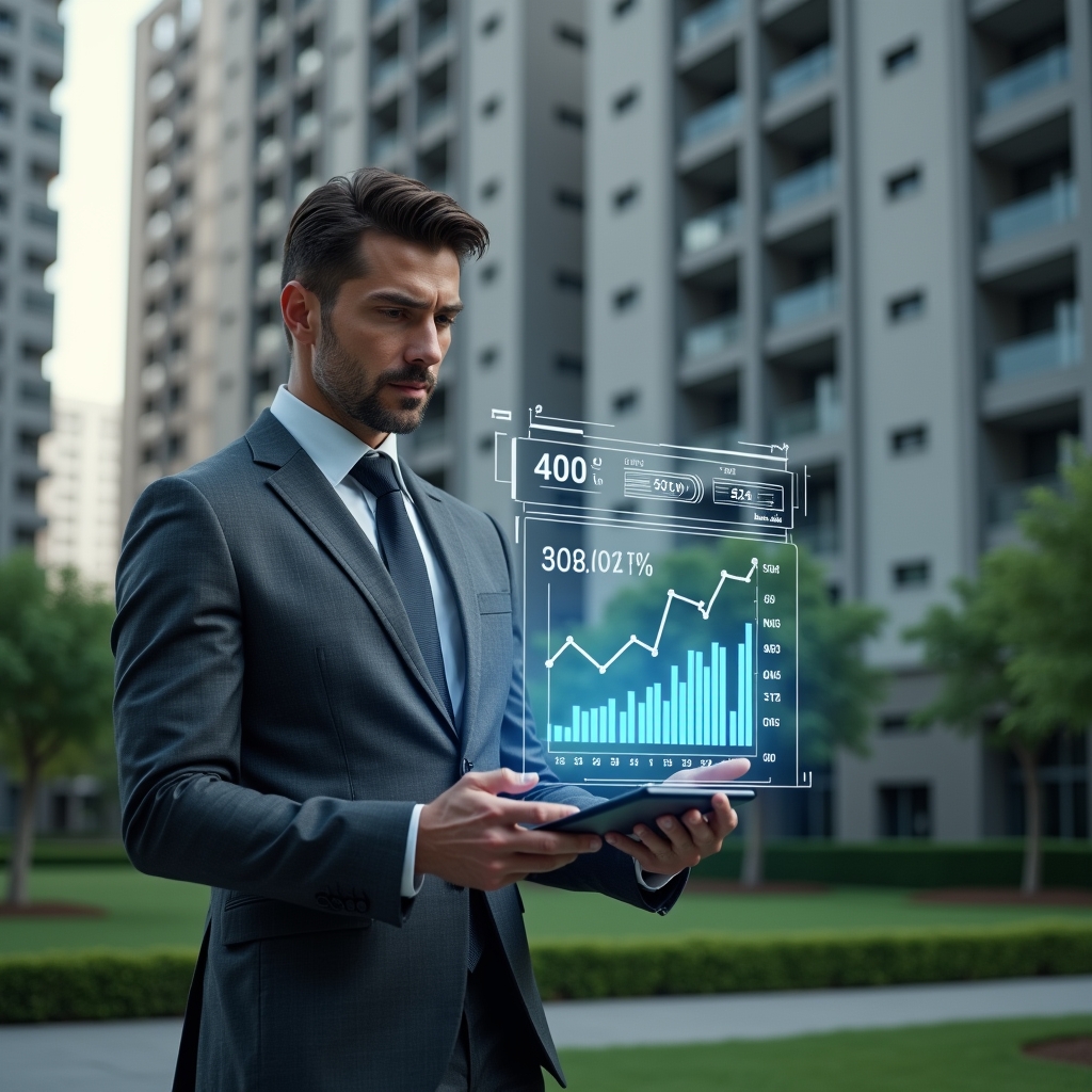 (Ultra-realistic condominium manager in a charcoal gray executive suit, set in a modern luxury condominium environment with high-rise buildings and meticulously landscaped greenery, standing in a medium shot while interacting with a glowing holographic dashboard displaying descending cost graphs and budget charts, a digital tablet in hand symbolizing **aplicativo para condomínio** and **aplicativo de gestão**, confident and focused expression, cinematic lighting, shallow depth of field, highly detailed textures, realistic skin, photographic realism, 8k resolution --ar 1:1 --v 6)