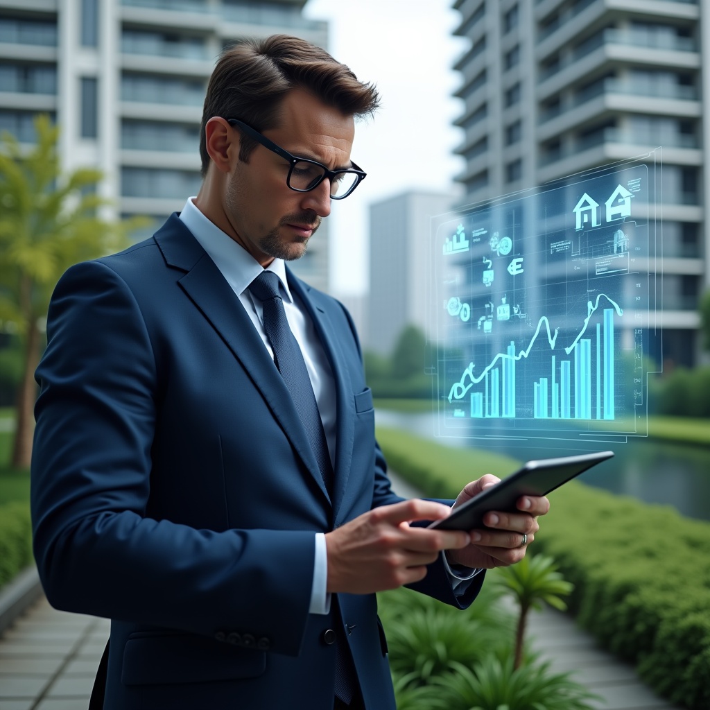 (Ultra-realistic condo manager in a navy blue executive suit, set in a modern luxury condominium environment with high-rise buildings and lush green landscaping, mid-shot of the manager reviewing holographic budget charts projected above a tablet, surrounded by floating icons of tools and dollar signs to symbolize cost reduction strategies, confident and focused expression, cinematic lighting, shallow depth of field, highly detailed textures, realistic skin, photographic realism, 8k resolution --ar 1:1 --v 6)