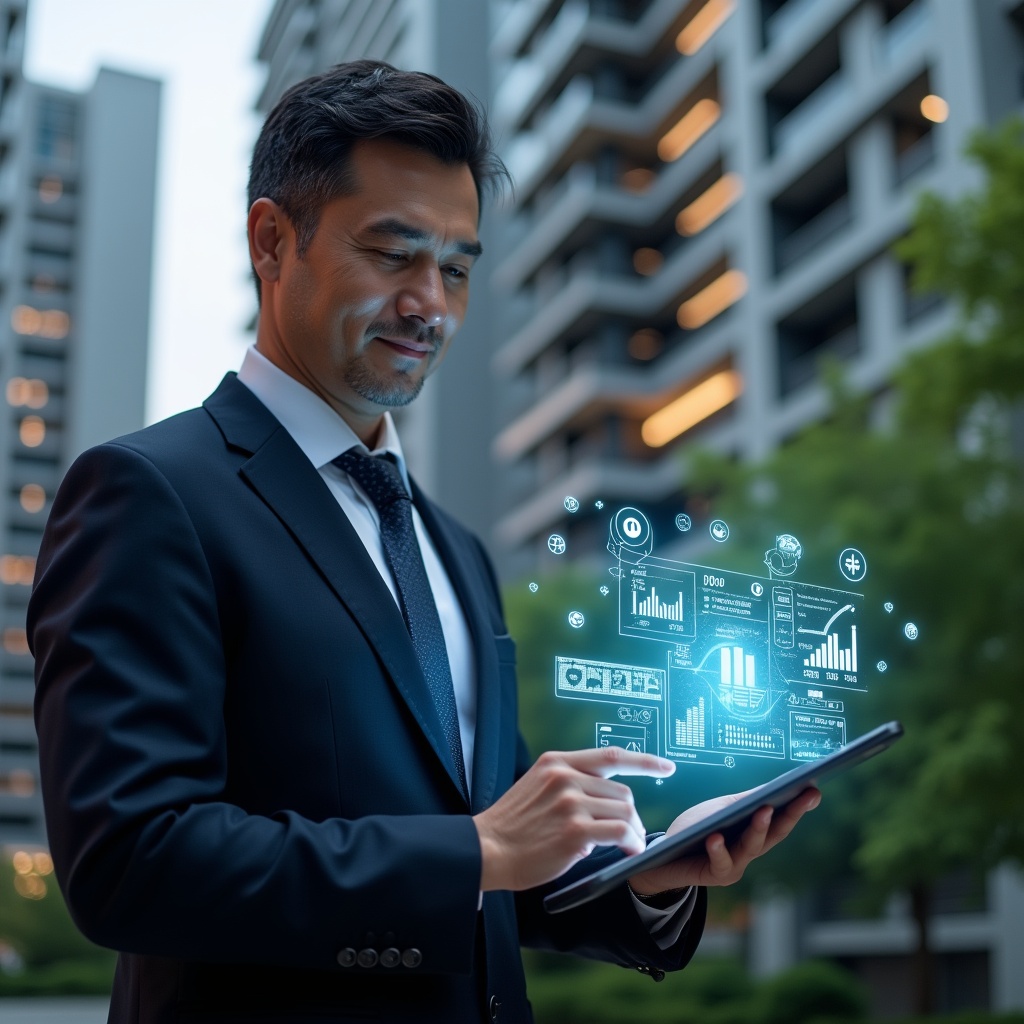 (Ultra-realistic condominium manager in a dark navy suit, set in a modern luxury condominium environment with high-rise buildings and lush green landscaping, holding a digital tablet displaying holographic financial charts and icons representing maintenance, energy efficiency and cost reduction, analyzing strategies with a confident, focused expression, glowing holographic interface, cinematic lighting, shallow depth of field, highly detailed textures, realistic skin, photographic realism, 8k resolution --ar 1:1 --v 6)