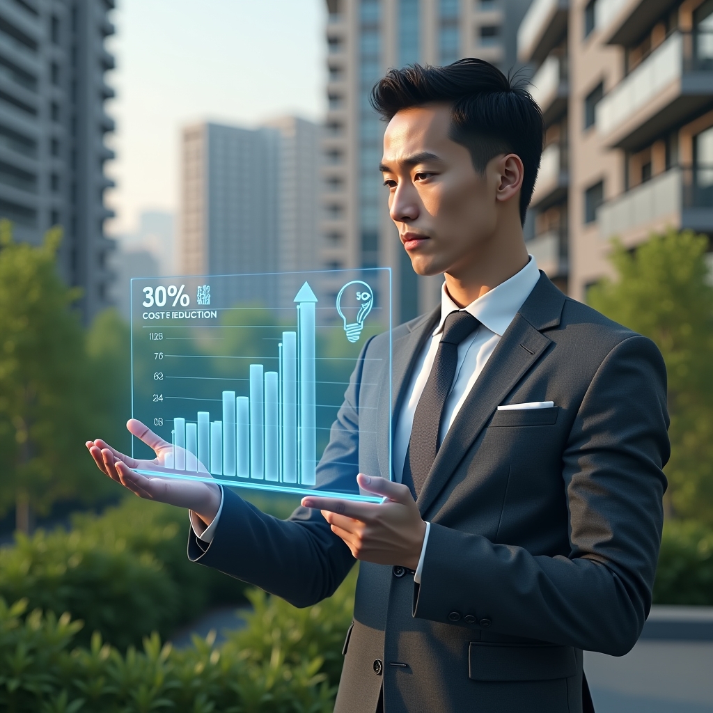 (Ultra-realistic condominium manager in a charcoal gray suit, set in a modern luxury condominium environment with high-rise buildings and lush green landscaping, analyzing a floating holographic cost-reduction chart showing a 30% decrease, with energy and maintenance icons (light bulb, wrench) integrated into the display, confident and focused expression, cinematic lighting, shallow depth of field, highly detailed textures, realistic skin, photographic realism, 8k resolution --ar 1:1 --v 6)