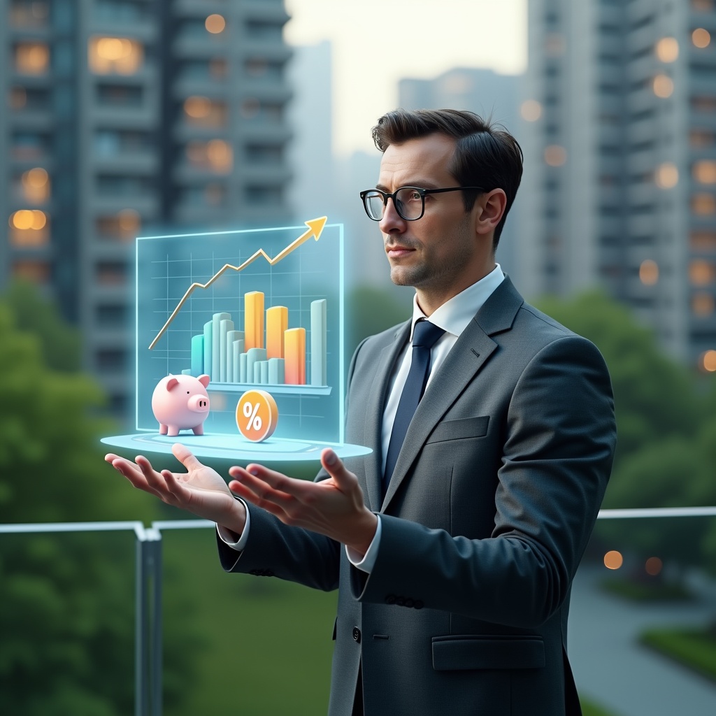 (Ultra-realistic condominium manager in a charcoal gray executive suit, set in a modern luxury condominium environment with high-rise buildings and lush green landscaping, mid-shot close-up of the manager confidently reviewing a floating holographic bar chart and pie graph symbolizing cost reduction, a semi-transparent piggy bank icon hovering beside the hologram, cinematic lighting, shallow depth of field, highly detailed textures, realistic skin, photographic realism, 8k resolution --ar 1:1 --v 6)