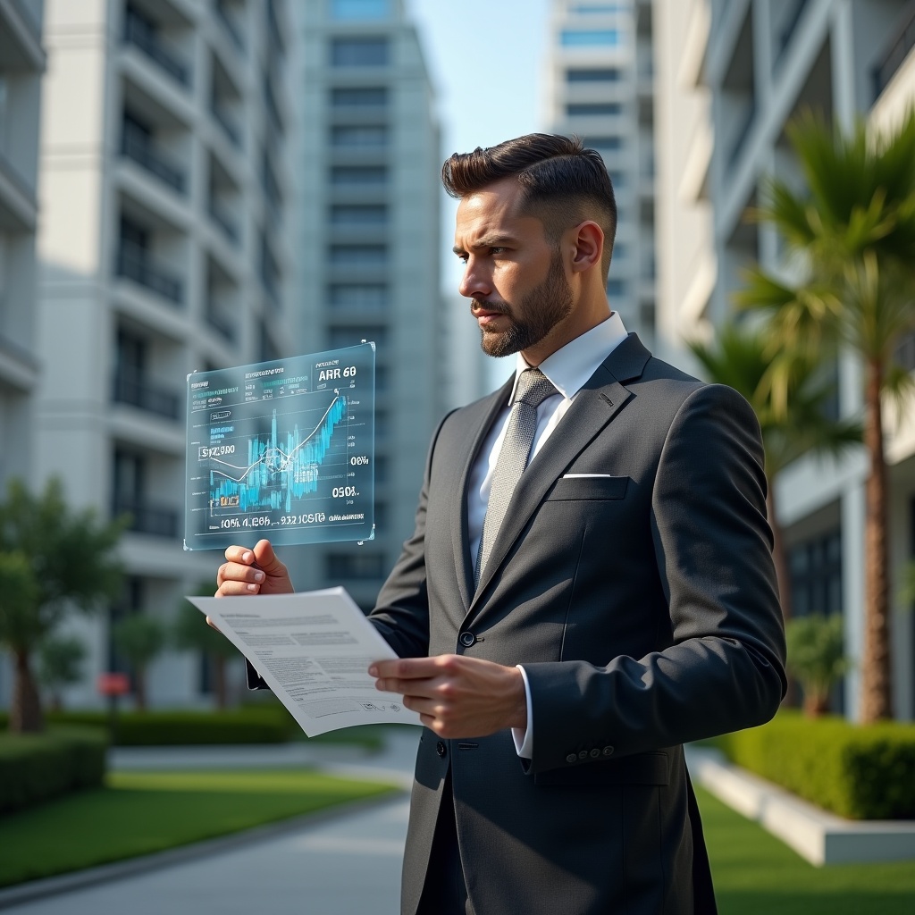 Ultra-realistic condominium manager in a dark gray tailored suit, set in a modern luxury condominium environment with high-rise buildings and manicured green landscaping, reviewing a holographic contract display with floating cost-saving graphs, projecting confidence and focus, cinematic lighting, shallow depth of field, highly detailed textures, realistic skin, photographic realism, 8k resolution --ar 1:1 --v 6