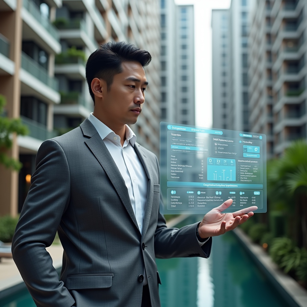 (Ultra-realistic condominium manager in a sleek gray suit, set in a modern luxury condominium environment with high-rise buildings and meticulously landscaped gardens, mid-shot of the manager confidently reviewing a floating holographic financial dashboard displaying automated expense entries and approval workflows, subtle holographic icons of invoices and charts orbiting around, cinematic lighting, shallow depth of field, highly detailed textures, realistic skin, photographic realism, 8k resolution --ar 1:1 --v 6)