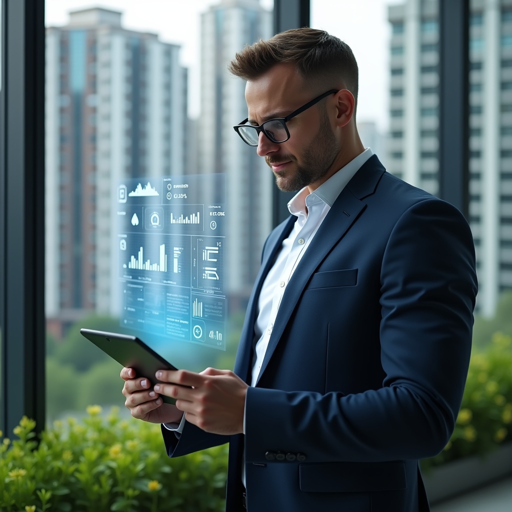 Ultra-realistic condominium manager in a tailored navy suit, set in a modern luxury condominium environment with high-rise buildings and lush green landscaping, mid-shot of a confident professional examining a holographic financial report projection above a sleek tablet, floating icons of charts and checkmarks symbolizing transparent accounting, cinematic lighting, shallow depth of field, highly detailed textures, realistic skin, photographic realism, 8k resolution --ar 1:1 --v 6