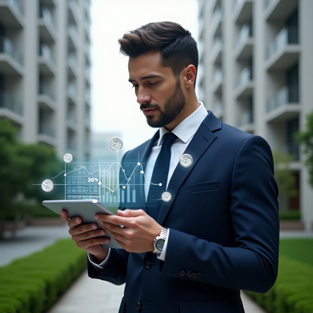 Ultra-realistic condominium manager in a navy executive suit, set in a modern luxury condominium environment with high-rise buildings and manicured green landscaping, holding a tablet displaying a holographic cost-reduction graph showing “–30%”, confident and focused expression, floating icons of coins and gears around the device, cinematic lighting, shallow depth of field, highly detailed textures, realistic skin, photographic realism, 8k resolution --ar 1:1 --v 6