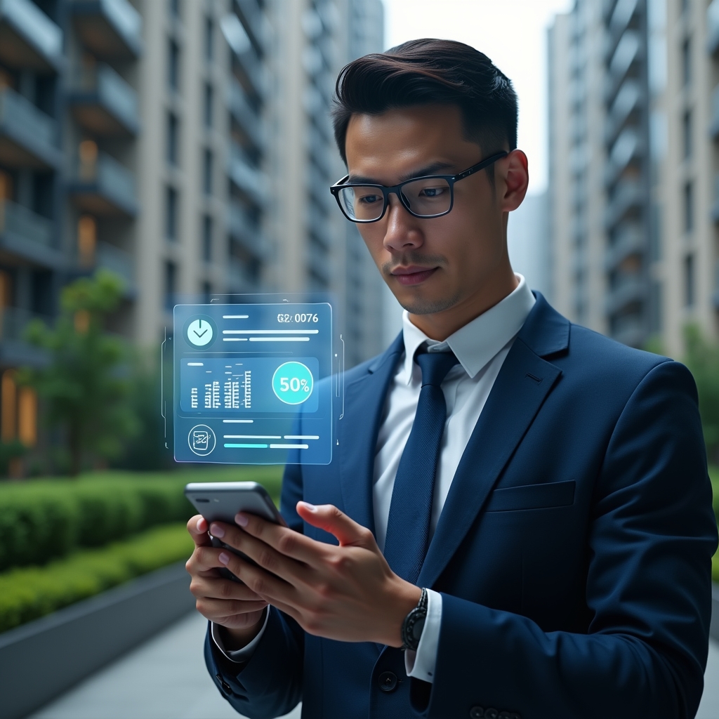 Ultra-realistic condominium manager in a navy blue executive suit, set in a modern luxury condominium environment with high-rise buildings and manicured green landscaping, medium shot of the manager holding a smartphone displaying a holographic interface of automated tasks, semi-transparent 50% reduction icon and floating charts and checklists beside them, confident and focused expression, cinematic lighting, shallow depth of field, highly detailed textures, realistic skin, photographic realism, 8k resolution --ar 1:1 --v 6