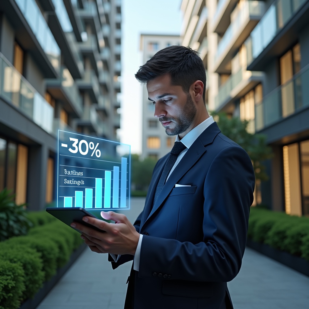(Ultra-realistic condominium manager in a tailored navy suit, set in a modern luxury condominium environment with high-rise buildings and manicured green landscaping, examining a floating holographic financial chart displaying “–30%” savings and budget graphs emerging from a sleek tablet, confident and focused expression, cinematic lighting, shallow depth of field, highly detailed textures, realistic skin, photographic realism, 8k resolution --ar 1:1 --v 6)