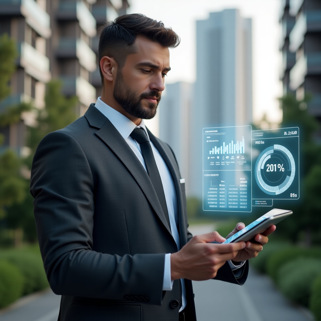 Ultra-realistic property manager in a tailored dark gray suit, set in a modern luxury condominium environment with high-rise buildings and green landscaping, holding a sleek tablet displaying holographic financial reports and charts, confident expression, a floating 3D icon of a pie chart beside them symbolizing automated accounting, cinematic lighting, shallow depth of field, highly detailed textures, realistic skin, photographic realism, 8k resolution --ar 1:1 --v 6