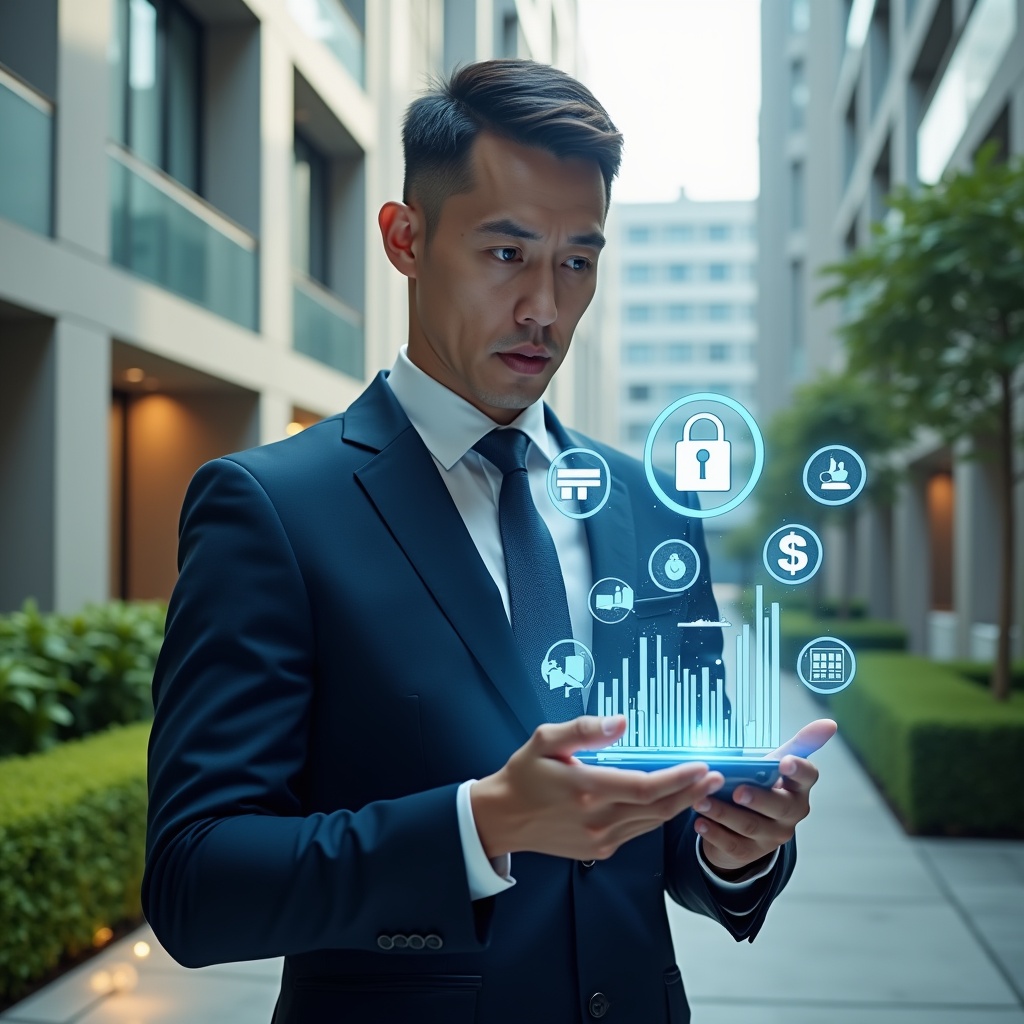 (Ultra-realistic condominium manager in a tailored navy blue suit, set in a modern luxury condominium environment with high-rise buildings and manicured green landscaping, analyzing floating holographic charts and app icons representing cost-benefit comparisons, confident and focused expression, futuristic holographic interface with a padlock icon symbolizing security, cinematic lighting, shallow depth of field, highly detailed textures, realistic skin, photographic realism, 8k resolution --ar 1:1 --v 6)
