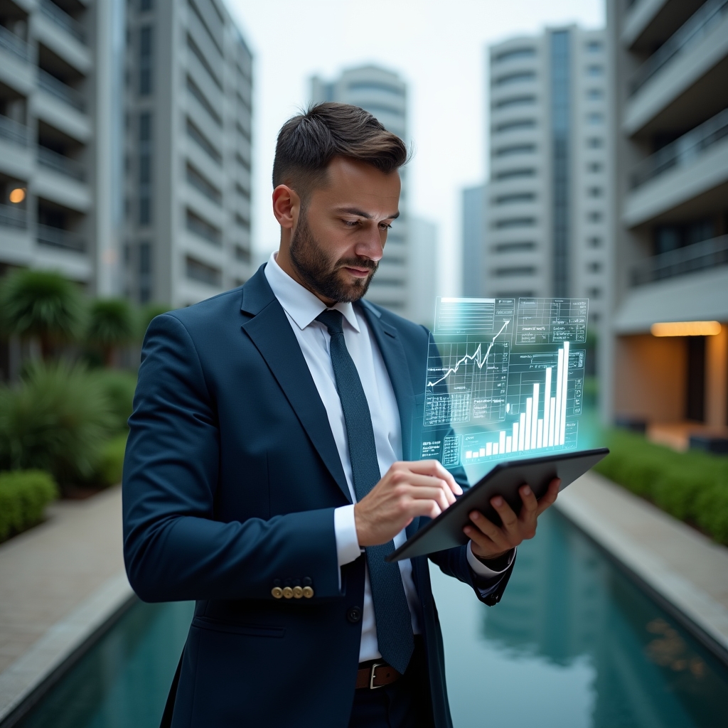 (Ultra-realistic condominium manager in a tailored navy suit, set in a modern luxury condominium environment with high-rise buildings and manicured green landscaping, mid-shot of a confident professional reviewing holographic financial charts and spreadsheets floating above a sleek tablet, a glowing bar graph icon symbolizing expense control, cinematic lighting, shallow depth of field, highly detailed textures, realistic skin, photographic realism, 8k resolution --ar 1:1 --v 6)