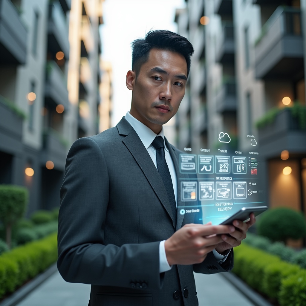 (Ultra-realistic condominium manager in a charcoal gray executive suit, set in a modern luxury condominium environment with high-rise buildings and manicured green landscaping, holding and analyzing a floating holographic calendar interface with maintenance and meeting icons, confident and focused expression, cinematic lighting, shallow depth of field, highly detailed textures, realistic skin, photographic realism, 8k resolution --ar 1:1 --v 6)