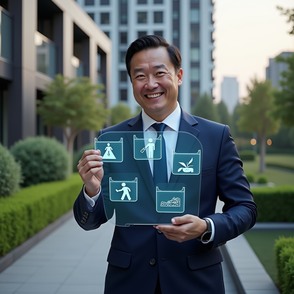 (Ultra-realistic condominium manager in a navy blue suit, set in a modern luxury condominium environment with high-rise buildings and manicured green landscaping, holding a holographic schedule of maintenance tasks with a confident smile, holographic icons representing cleaning, gardening and events hovering beside them, cinematic lighting, shallow depth of field, highly detailed textures, realistic skin, photographic realism, 8k resolution --ar 1:1 --v 6)