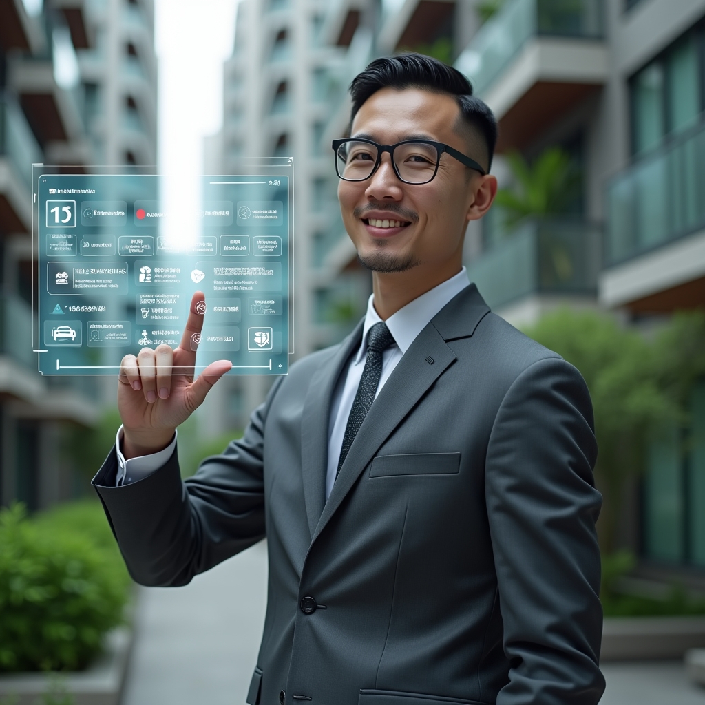 Ultra-realistic condominium manager in a charcoal gray executive suit, set in a modern luxury condominium environment with high-rise buildings and lush green landscaping, standing in a medium close-up shot, confidently pointing to a floating holographic calendar interface displaying maintenance tools, assembly meeting icons, and billing symbols, cinematic lighting, shallow depth of field, highly detailed textures, realistic skin, photographic realism, 8k resolution --ar 1:1 --v 6