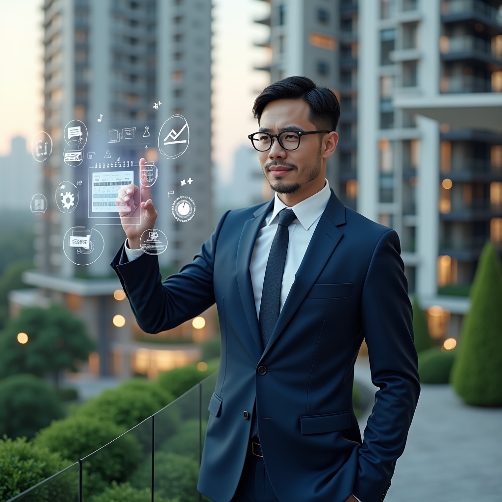 Ultra-realistic condominium manager in a navy executive suit, set in a modern luxury condominium environment with high-rise buildings and lush green landscaping, interacting with a floating holographic calendar and financial graphs, pointing confidently at scheduled tasks, holographic icons of maintenance tools and assembly documents surrounding them, cinematic lighting, shallow depth of field, highly detailed textures, realistic skin, photographic realism, 8k resolution --ar 1:1 --v 6