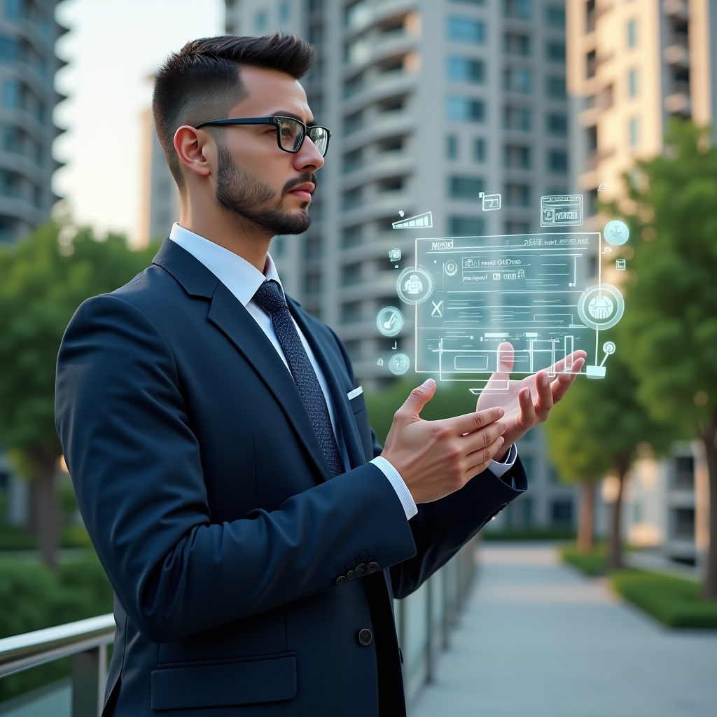 Ultra-realistic condominium manager in a navy tailored suit, set in a modern luxury condominium environment with high-rise buildings and lush green landscaping, holding and interacting with a holographic digital schedule calendar, confident and focused expression, floating icons of maintenance tools and assembly checklist around them, cinematic lighting, shallow depth of field, highly detailed textures, realistic skin, photographic realism, 8k resolution --ar 1:1 --v 6