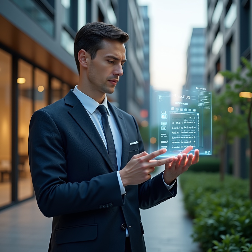 (Ultra-realistic condominium manager in a tailored navy suit, set in a modern luxury condominium environment with high-rise buildings and lush green landscaping, examining a floating holographic calendar and timeline icons with a focused, confident expression, cinematic lighting, shallow depth of field, highly detailed textures, realistic skin, photographic realism, 8k resolution --ar 1:1 --v 6)