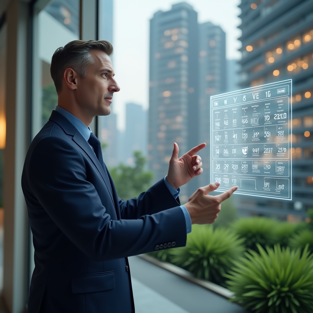 Ultra-realistic condominium manager in a navy executive suit, set in a modern luxury condominium environment with high-rise buildings and lush green landscaping, mid shot, confidently pointing at a floating holographic calendar with maintenance and event icons, focused expression, cinematic lighting, shallow depth of field, highly detailed textures, realistic skin, photographic realism, 8k resolution --ar 1:1 --v 6