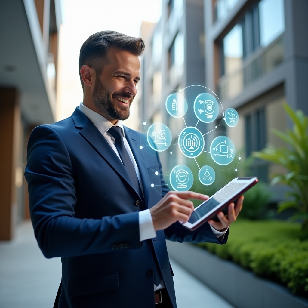 (Ultra-realistic condominium manager in a navy blue executive suit, standing in a modern luxury condominium environment with high-rise buildings and manicured green landscaping, holding a tablet displaying floating holographic icons representing billing, reservations, visitor control, messaging, financial reports, analytics and support, confidently smiling while tapping the screen, cinematic lighting, shallow depth of field, highly detailed textures, realistic skin, photographic realism, 8k resolution --ar 1:1 --v 6)