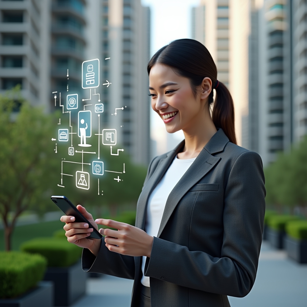(Ultra-realistic condominium manager in a charcoal gray tailored suit, set in a modern luxury condominium environment with high-rise buildings and manicured green landscaping, holding a smartphone in one hand while holographic app icons for finance, reservations, chat and security float above the screen, confidently smiling as they tap the interface to demonstrate mobility and automation, cinematic lighting, shallow depth of field, highly detailed textures, realistic skin, photographic realism, 8k resolution --ar 1:1 --v 6)