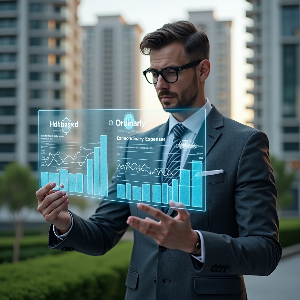 Ultra-realistic condominium manager in a charcoal gray suit, set in a modern luxury condominium environment with high-rise buildings and manicured greenery, close-up shot of a thoughtful professional comparing two holographic budget charts labeled “Ordinary vs Extraordinary Expenses,” floating icons of coins and construction crane, cinematic lighting, shallow depth of field, highly detailed textures, realistic skin, photographic realism, 8k resolution --ar 1:1 --v 6