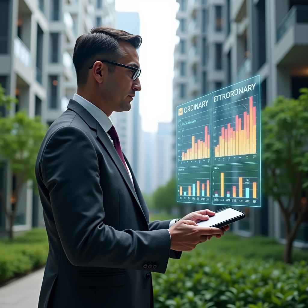 (Ultra-realistic condominium manager in a charcoal gray tailored suit, set in a modern luxury condominium environment with high-rise buildings and lush green landscaping, reviewing digital financial charts on a transparent holographic display that splits ordinary and extraordinary expenses, focused and confident expression, cinematic lighting, shallow depth of field, highly detailed textures, realistic skin, photographic realism, 8k resolution --ar 1:1 --v 6)