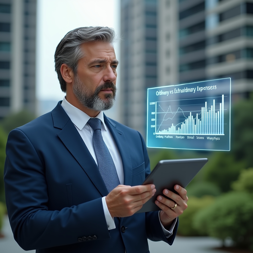 Ultra-realistic condominium manager in a navy blue suit, set in a modern luxury condominium environment with high-rise buildings and green landscaping, holding a tablet and analyzing holographic financial charts labeled “Ordinary vs Extraordinary Expenses,” confident and focused expression, cinematic lighting, shallow depth of field, highly detailed textures, realistic skin, photographic realism, 8k resolution --ar 1:1 --v 6