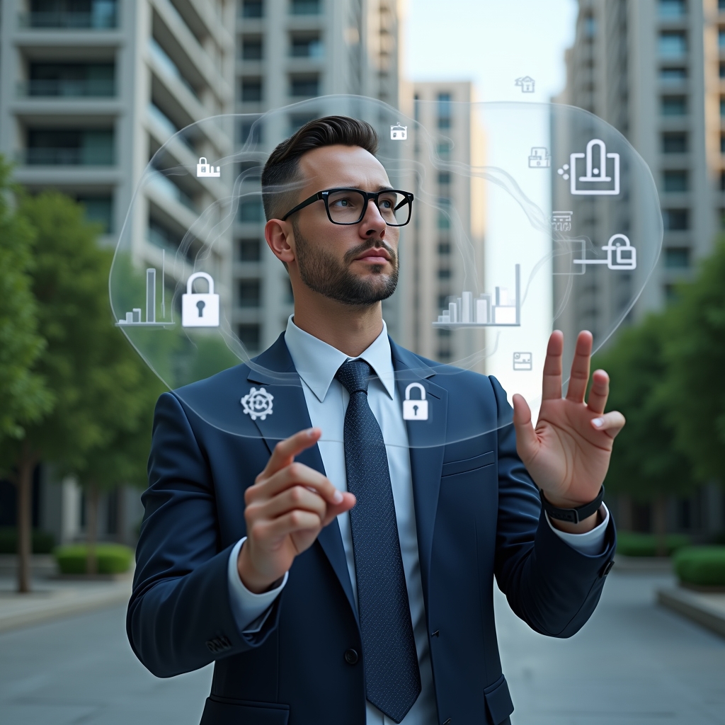 Ultra-realistic condominium manager in a navy executive suit, set in a modern luxury condominium environment with high-rise buildings and manicured greenery, analyzing a floating holographic interface displaying icons for financial charts, chat bubbles, calendars and security locks, confident and focused expression, cinematic lighting, shallow depth of field, highly detailed textures, realistic skin, photographic realism, 8k resolution --ar 1:1 --v 6