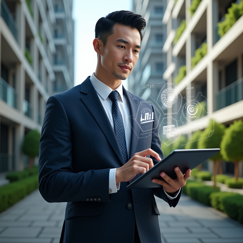 (Ultra-realistic condominium manager in a tailored navy suit, set in a modern luxury condominium environment with high-rise buildings and meticulously landscaped greenery, holding a tablet projecting holographic icons of access control, financial charts, and reservation calendars—confident and focused expression, cinematic lighting, shallow depth of field, highly detailed textures, realistic skin, photographic realism, 8k resolution --ar 1:1 --v 6)
