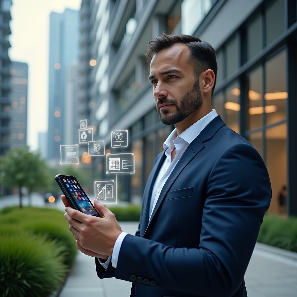 (Ultra-realistic condominium manager in a tailored dark blue suit, set in a modern luxury condominium environment with high-rise buildings and manicured green landscaping, holding a smartphone displaying a holographic condominium management app interface, surrounded by floating icons of chat bubbles, calendars and financial charts, confident and visionary expression, cinematic lighting, shallow depth of field, highly detailed textures, realistic skin, photographic realism, 8k resolution --ar 1:1 --v 6)