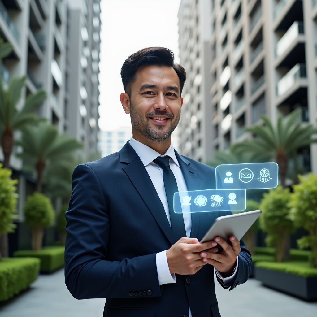 Ultra-realistic condominium manager in a tailored navy suit, set in a modern luxury condominium environment with high-rise buildings and manicured greenery, holding a tablet displaying holographic chat bubbles and handshake icons to symbolize conflict prevention, confident and approachable expression, cinematic lighting, shallow depth of field, highly detailed textures, realistic skin, photographic realism, 8k resolution --ar 1:1 --v 6