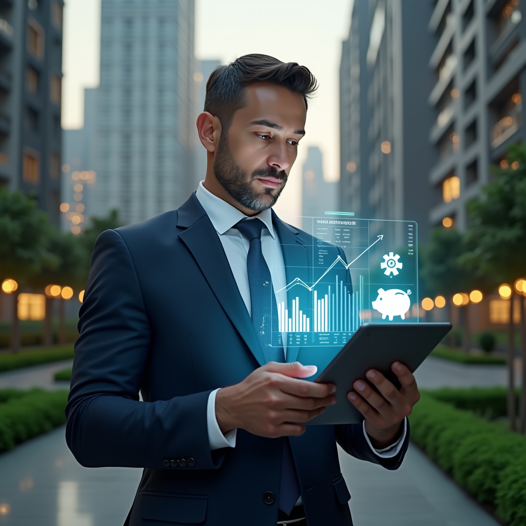 Ultra-realistic condominium manager in a navy blue tailored suit, set in a modern luxury condominium environment with high-rise buildings and meticulously landscaped greenery, examining a holographic financial chart projected from a tablet, holding a miniature maintenance tool icon and a glowing piggy bank symbol, confident and analytical expression, cinematic lighting, shallow depth of field, highly detailed textures, realistic skin, photographic realism, 8k resolution --ar 1:1 --v 6
