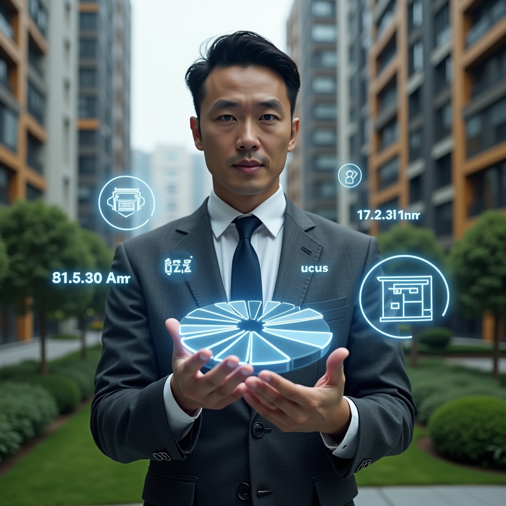 Ultra-realistic condominium manager in a dark gray tailored suit, set in a modern luxury condominium environment with high-rise buildings and manicured green landscaping, examining a floating holographic pie chart segmented to represent ideal fractions and fee allocations, confident and focused expression, holographic numerical overlays and condominium icons around the chart, cinematic lighting, shallow depth of field, highly detailed textures, realistic skin, photographic realism, 8k resolution --ar 1:1 --v 6