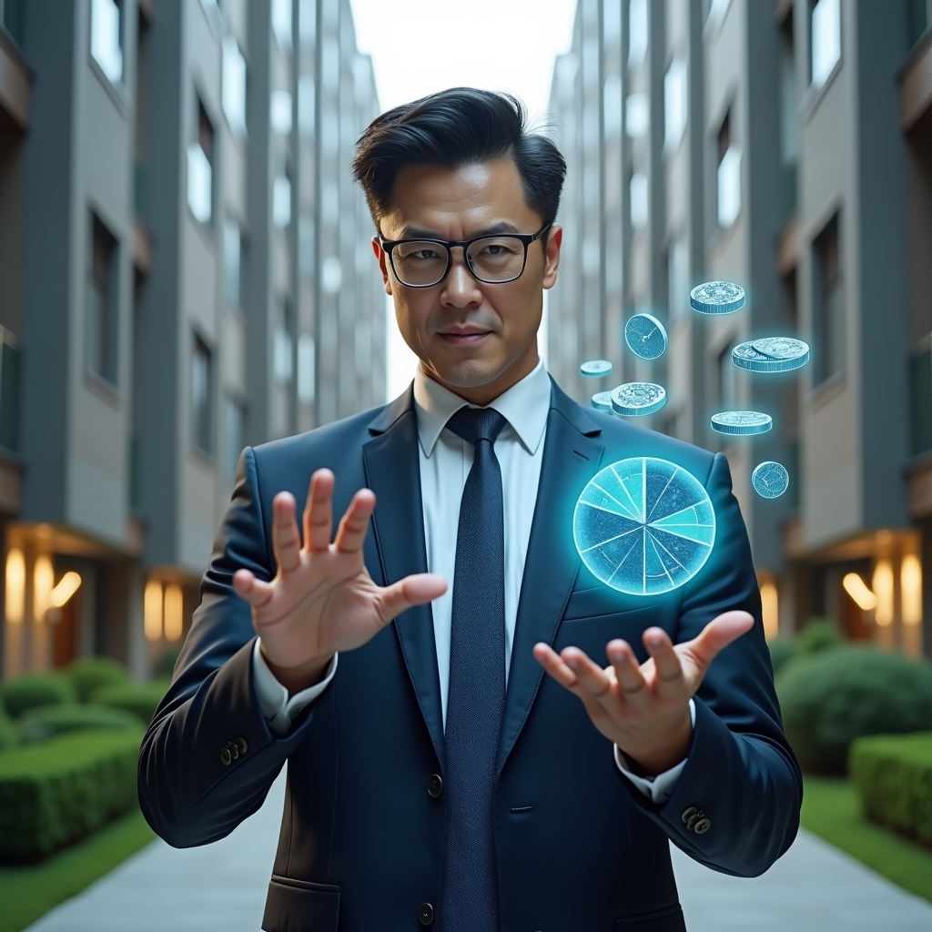 (Ultra-realistic condominium manager in a tailored navy suit, set in a modern luxury condominium environment with high-rise buildings and manicured green landscaping, analyzing a holographic pie chart of fractional ownership and budget allocations, holographic icons of coins and graphs floating around, confident and focused expression, cinematic lighting, shallow depth of field, highly detailed textures, realistic skin, photographic realism, 8k resolution --ar 1:1 --v 6)