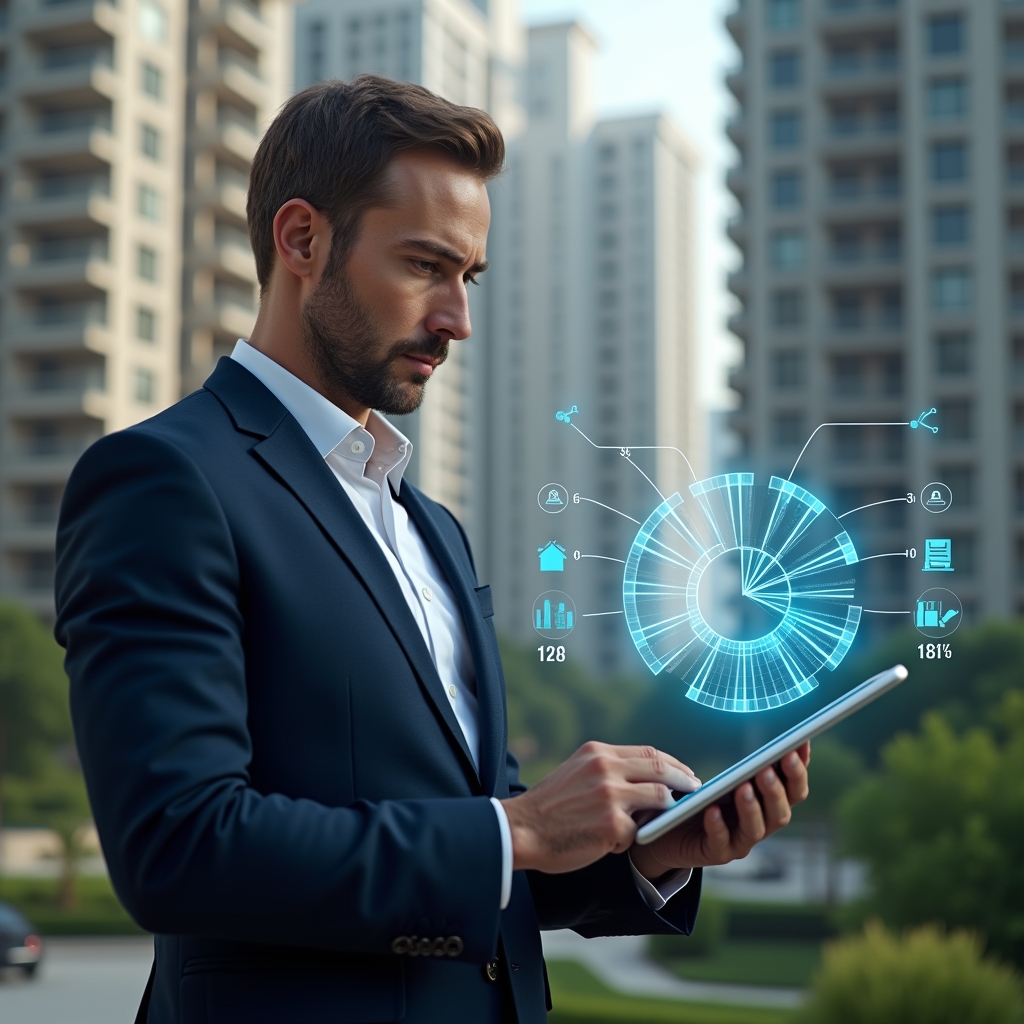 Ultra-realistic property manager in a navy suit, set in a modern luxury condominium environment with high-rise buildings and manicured green landscaping, analyzing a holographic pie chart of unit share percentages projected from a tablet, floating fractional rate diagrams and expense icons beside him, confident and focused expression, cinematic lighting, shallow depth of field, highly detailed textures, realistic skin, photographic realism, 8k resolution --ar 1:1 --v 6