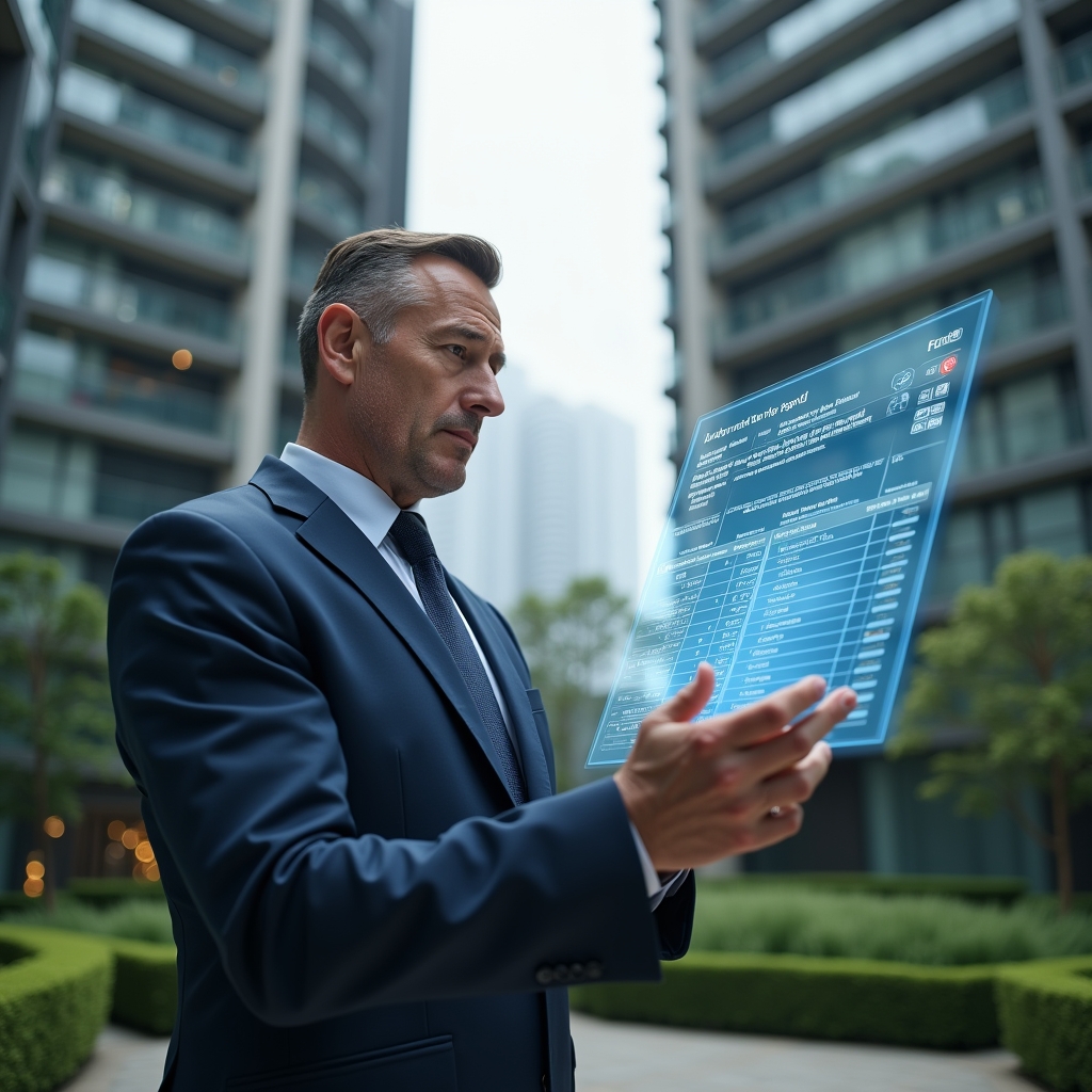 (Ultra-realistic property manager in a dark blue executive suit, set in a modern luxury condominium environment with high-rise buildings and meticulously maintained green landscaping, examining a floating holographic financial report with highlighted errors and checkmarks, conveying a serious and focused expression, cinematic lighting, shallow depth of field, highly detailed textures, realistic skin, photographic realism, 8k resolution --ar 1:1 --v 6)