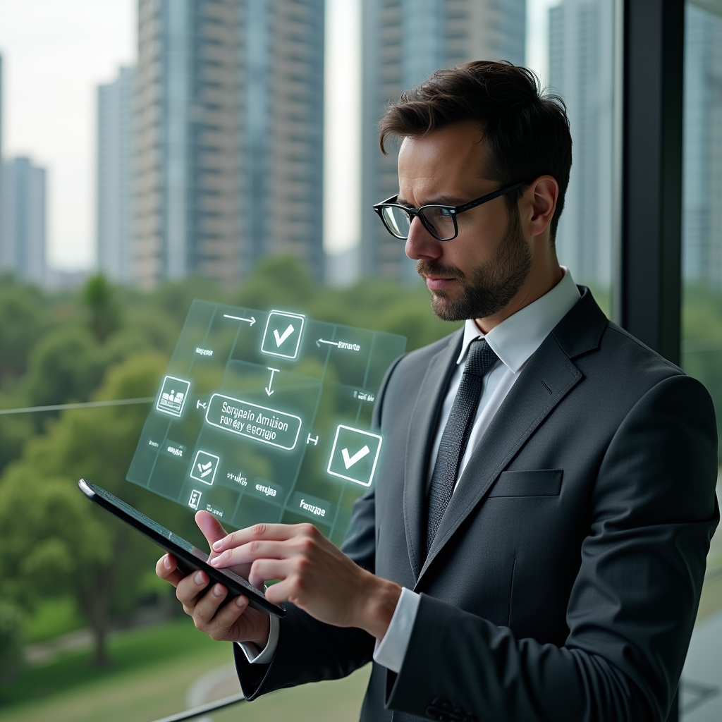 (Ultra-realistic condominium manager in a charcoal gray suit, set in a modern luxury condominium environment with high-rise buildings and lush green landscaping, holding a tablet showing holographic warning icons and checkmarks, thoughtfully analyzing the interface to avoid errors, floating digital symbols of an **aplicativo de gestão**, cinematic lighting, shallow depth of field, highly detailed textures, realistic skin, photographic realism, 8k resolution --ar 1:1 --v 6)