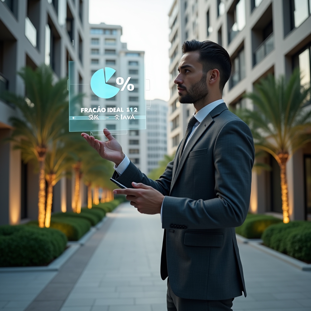 Ultra-realistic condominium manager in a charcoal gray suit, set in a modern luxury condominium environment with high-rise buildings and meticulously landscaped gardens, standing in a medium close-up pose while analyzing a floating holographic pie chart and percentage formula representing “fração ideal,” cinematic lighting, shallow depth of field, highly detailed textures, realistic skin, photographic realism, 8k resolution --ar 1:1 --v 6