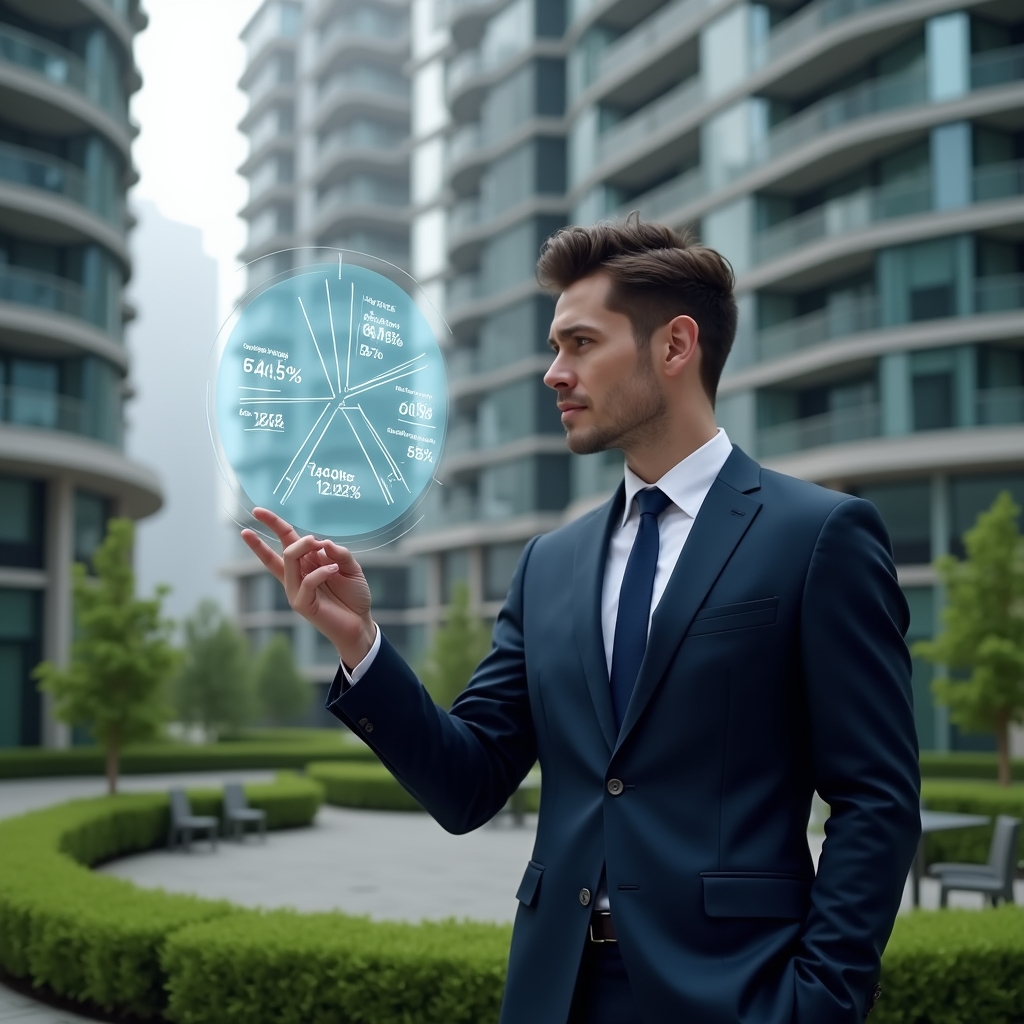 Ultra-realistic condominium manager in a tailored navy suit, set in a modern luxury condominium environment with high-rise buildings and manicured green landscaping, medium shot, thoughtfully pointing at a floating holographic pie chart displaying fractional percentages and condo fee calculations, cinematic lighting, shallow depth of field, highly detailed textures, realistic skin, photographic realism, 8k resolution --ar 1:1 --v 6