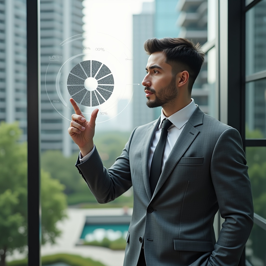 Ultra-realistic condo manager in a tailored gray suit, set in a modern luxury condominium environment with high-rise buildings and lush green landscaping, holding a transparent holographic pie chart illustrating fractional percentages of units in mid-air, analyzing it with a confident and focused expression, cinematic lighting, shallow depth of field, highly detailed textures, realistic skin, photographic realism, 8k resolution --ar 1:1 --v 6